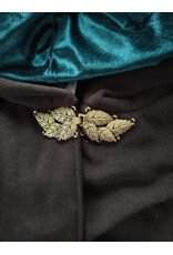 Cloakmakers.com 6053-Washable Dark Brown Wool Blend Ruana Cloak w/ Emerald Green Velvet Hood Lining & Gold Tone Multileaf Clasp