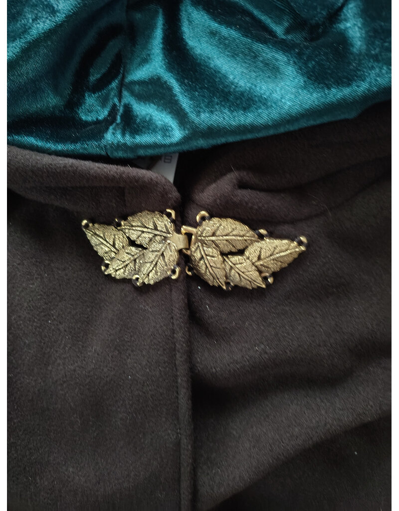 Cloakmakers.com 6053-Washable Dark Brown Wool Blend Ruana Cloak w/ Emerald Green Velvet Hood Lining & Gold Tone Multileaf Clasp