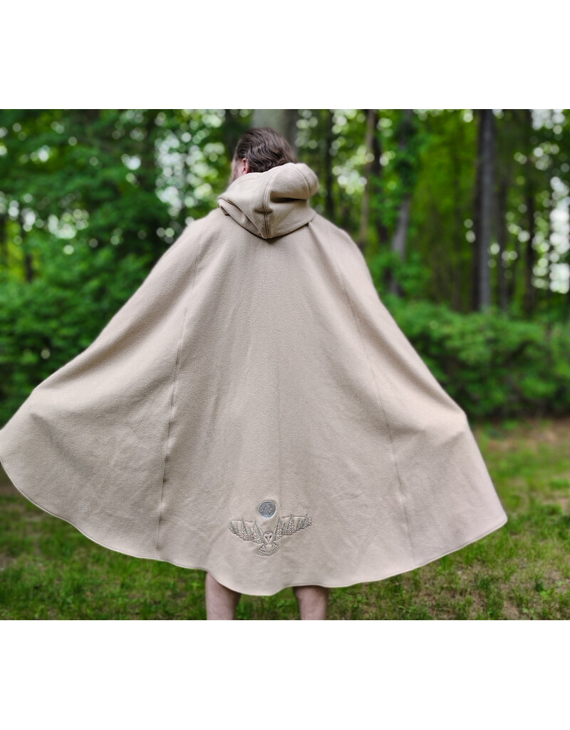 Cloakmakers.com 6054-Washable Beige Wool Cloak w/ Seafoam Green Velveteen Hood Lining & Owl Embroidery