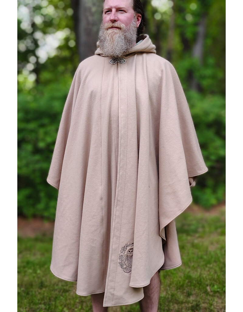 Cloakmakers.com 6054-Washable Beige Wool Cloak w/ Seafoam Green Velveteen Hood Lining & Owl Embroidery