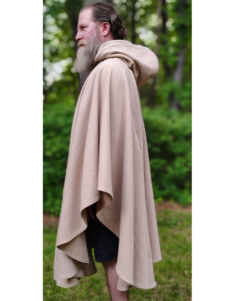 Cloakmakers.com 6054-Washable Beige Wool Cloak w/ Seafoam Green Velveteen Hood Lining & Owl Embroidery