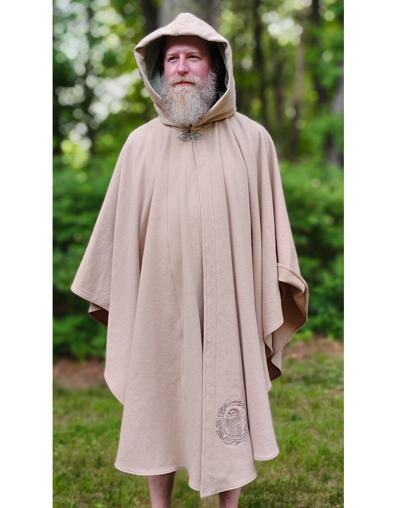 Cloakmakers.com 6054-Washable Beige Wool Cloak w/ Seafoam Green Velveteen Hood Lining & Owl Embroidery