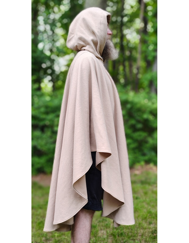 Cloakmakers.com 6054-Washable Beige Wool Cloak w/ Seafoam Green Velveteen Hood Lining & Owl Embroidery