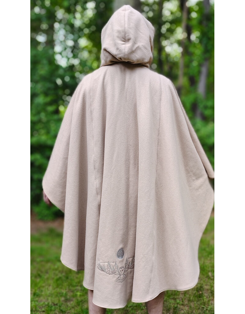 Cloakmakers.com 6054-Washable Beige Wool Cloak w/ Seafoam Green Velveteen Hood Lining & Owl Embroidery