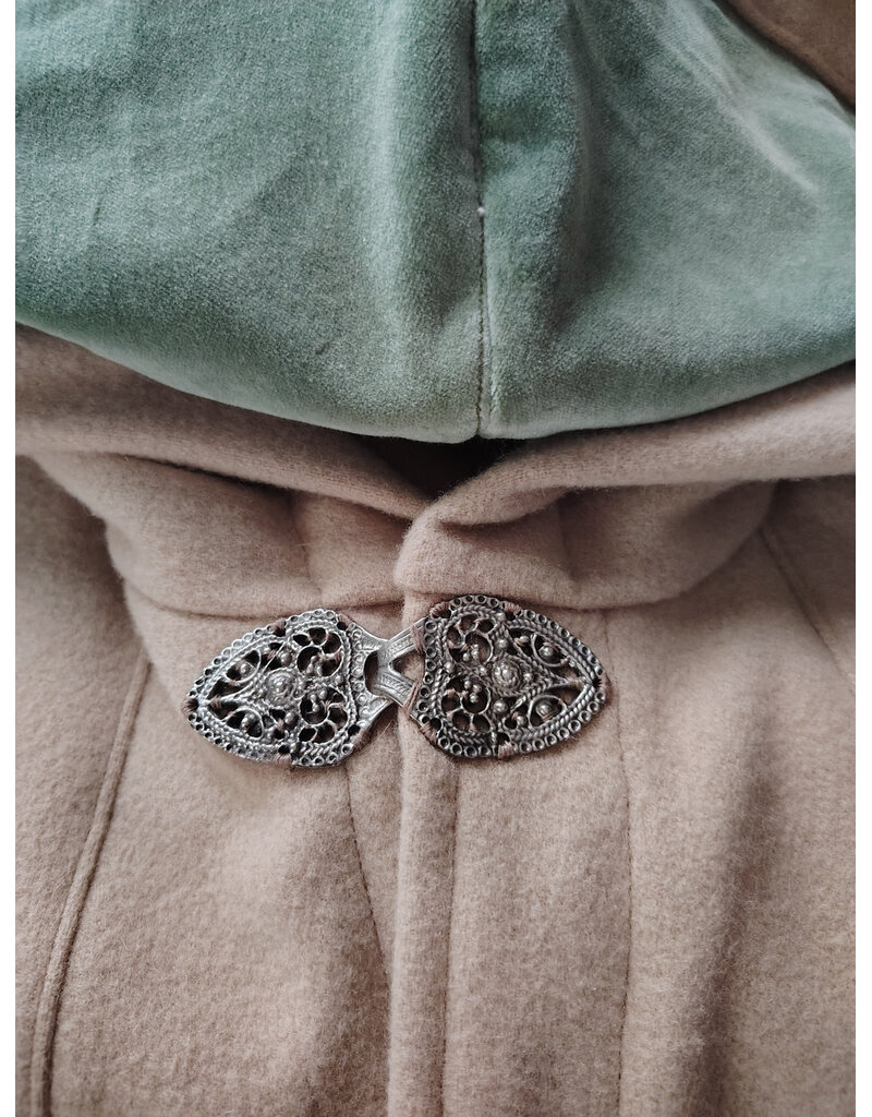 Cloakmakers.com 6054-Washable Beige Wool Cloak w/ Seafoam Green Velveteen Hood Lining & Owl Embroidery