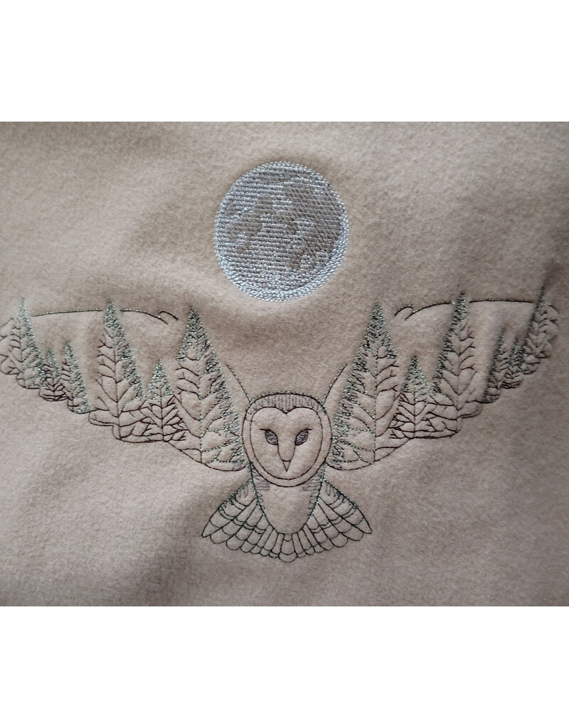 Cloakmakers.com 6054-Washable Beige Wool Cloak w/ Seafoam Green Velveteen Hood Lining & Owl Embroidery
