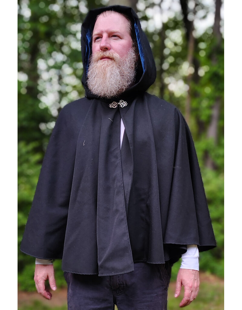 Cloakmakers.com 6055-Washable Short Black Wool Blend Cloak w/ Blue Velvet Hood Lining & Pockets