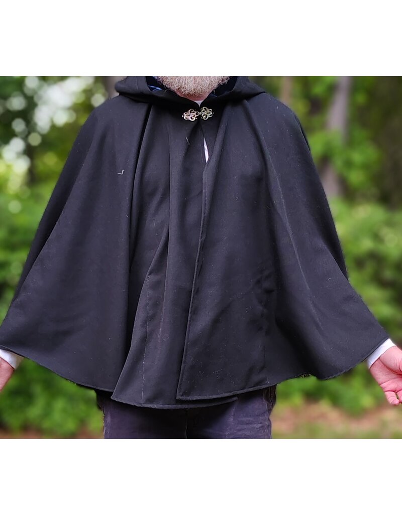 Cloakmakers.com 6055-Washable Short Black Wool Blend Cloak w/ Blue Velvet Hood Lining & Pockets