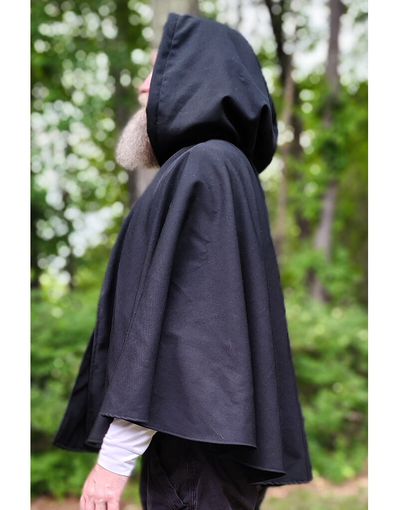 Cloakmakers.com 6055-Washable Short Black Wool Blend Cloak w/ Blue Velvet Hood Lining & Pockets