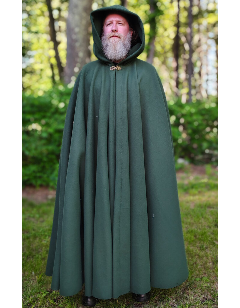 Cloakmakers.com 6057-Washable Long Green Fleece Cloak w/ Antique Bronze Tone Clasp