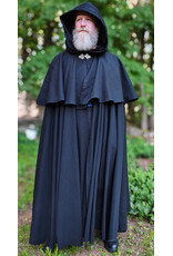 Cloakmakers.com 6058-Washable Long Black Wool Blend Mantle Cloak w/ Black Velvet Hood Lining & Triple Medallion Clasp