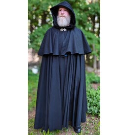 Cloakmakers.com 6058-Washable Long Black Wool Blend Mantle Cloak w/ Black Velvet Hood Lining & Triple Medallion Clasp