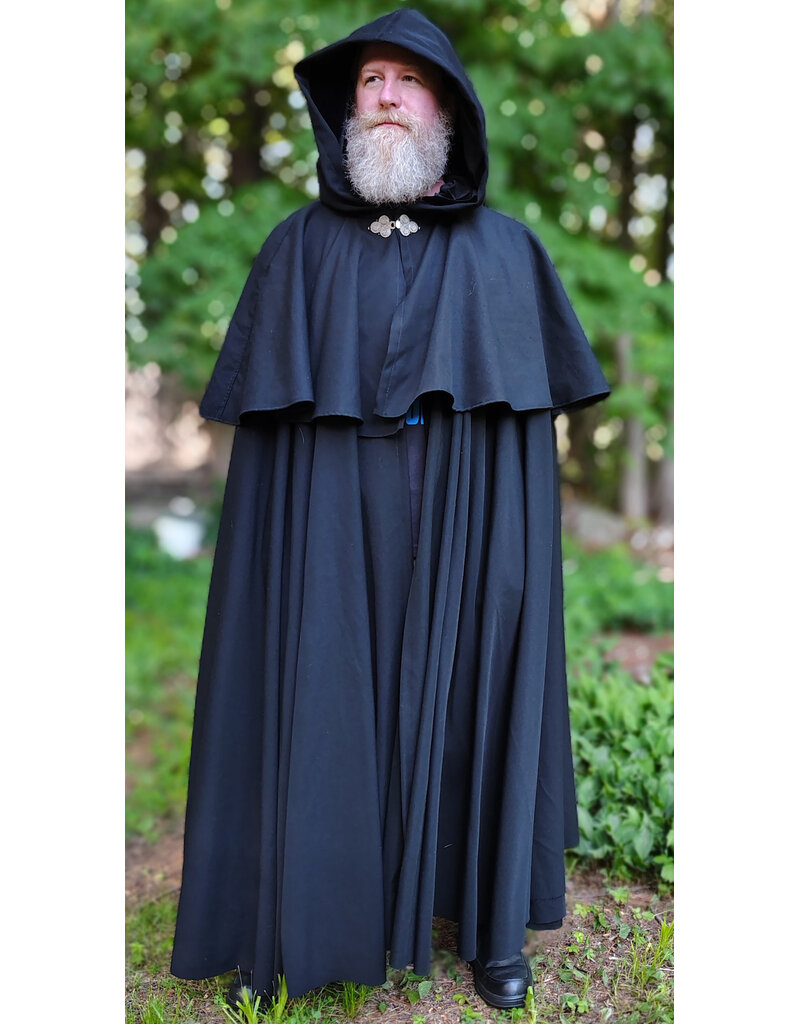Cloakmakers.com 6058-Washable Long Black Wool Blend Mantle Cloak w/ Black Velvet Hood Lining & Triple Medallion Clasp