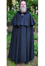 Cloakmakers.com 6058-Washable Long Black Wool Blend Mantle Cloak w/ Black Velvet Hood Lining & Triple Medallion Clasp