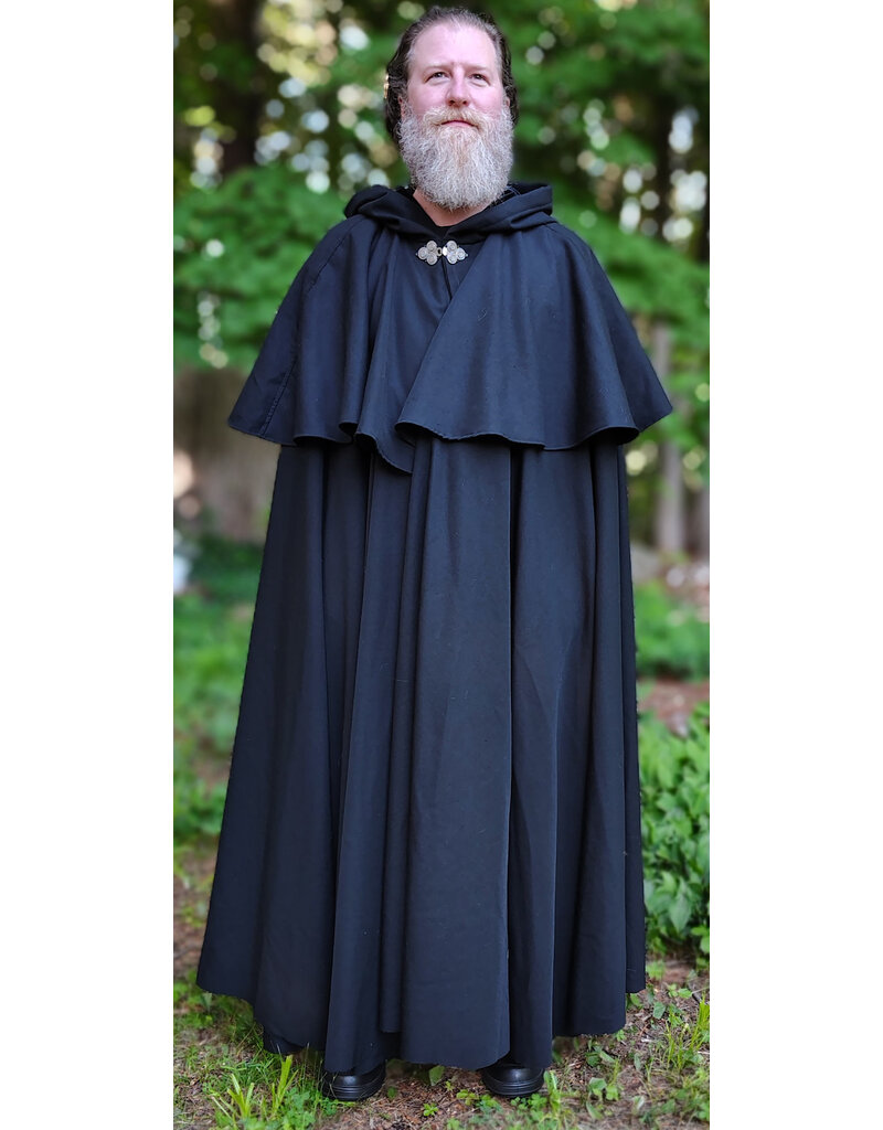 Cloakmakers.com 6058-Washable Long Black Wool Blend Mantle Cloak w/ Black Velvet Hood Lining & Triple Medallion Clasp