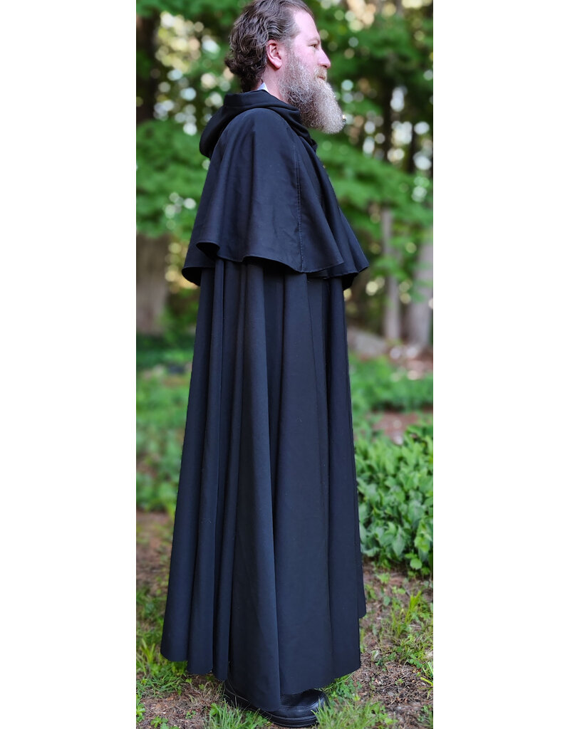 Cloakmakers.com 6058-Washable Long Black Wool Blend Mantle Cloak w/ Black Velvet Hood Lining & Triple Medallion Clasp