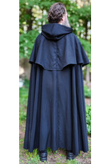 Cloakmakers.com 6058-Washable Long Black Wool Blend Mantle Cloak w/ Black Velvet Hood Lining & Triple Medallion Clasp
