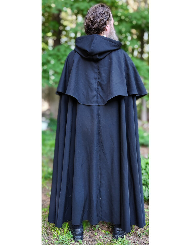 Cloakmakers.com 6058-Washable Long Black Wool Blend Mantle Cloak w/ Black Velvet Hood Lining & Triple Medallion Clasp