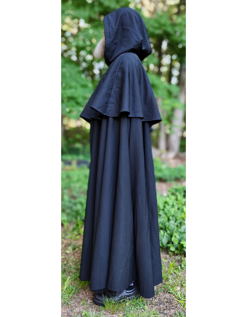 Cloakmakers.com 6058-Washable Long Black Wool Blend Mantle Cloak w/ Black Velvet Hood Lining & Triple Medallion Clasp