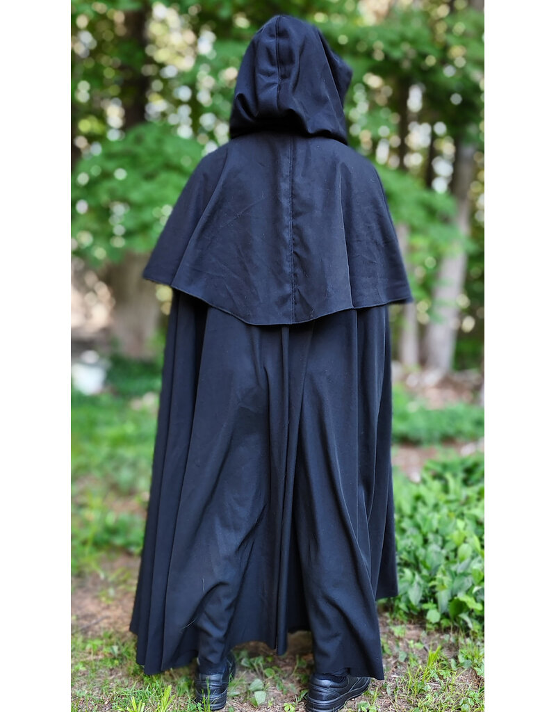 Cloakmakers.com 6058-Washable Long Black Wool Blend Mantle Cloak w/ Black Velvet Hood Lining & Triple Medallion Clasp