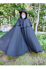 Cloakmakers.com 6058-Washable Long Black Wool Blend Mantle Cloak w/ Black Velvet Hood Lining & Triple Medallion Clasp