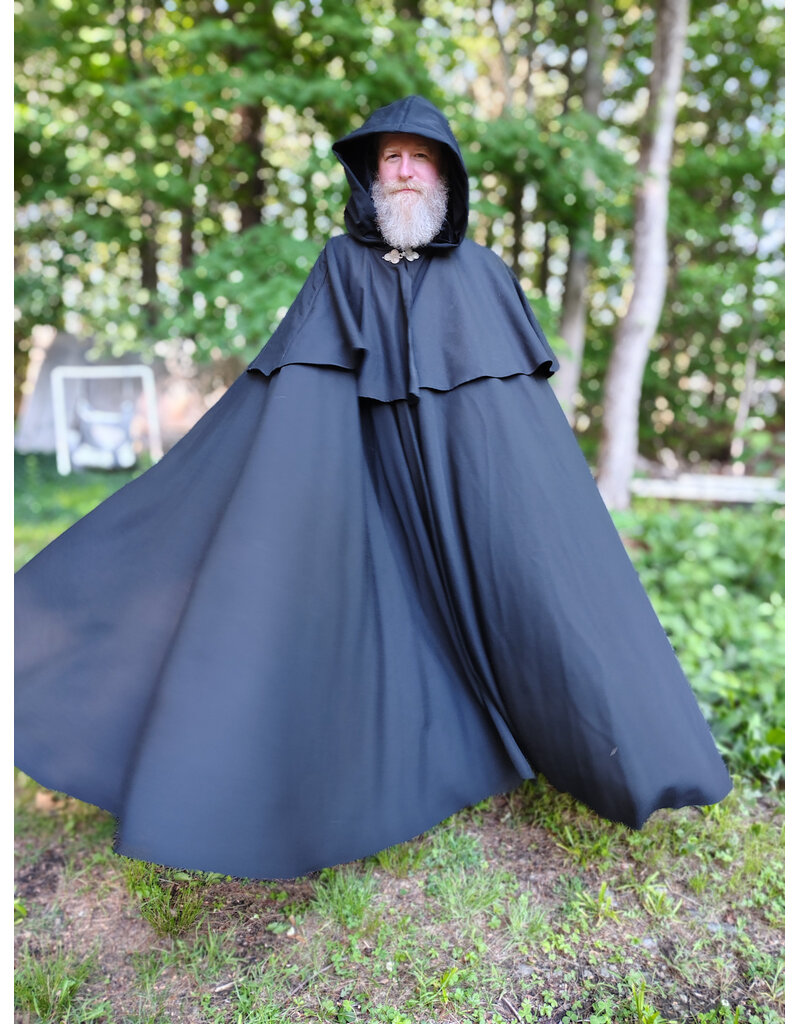 Cloakmakers.com 6058-Washable Long Black Wool Blend Mantle Cloak w/ Black Velvet Hood Lining & Triple Medallion Clasp