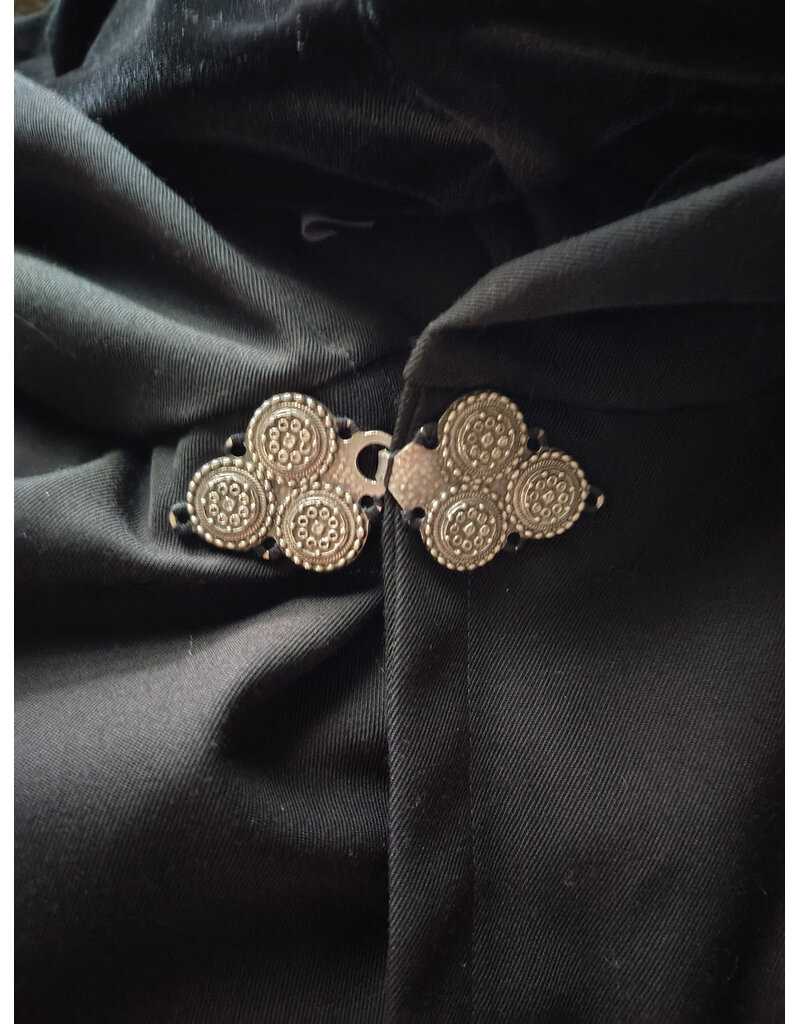 Cloakmakers.com 6058-Washable Long Black Wool Blend Mantle Cloak w/ Black Velvet Hood Lining & Triple Medallion Clasp