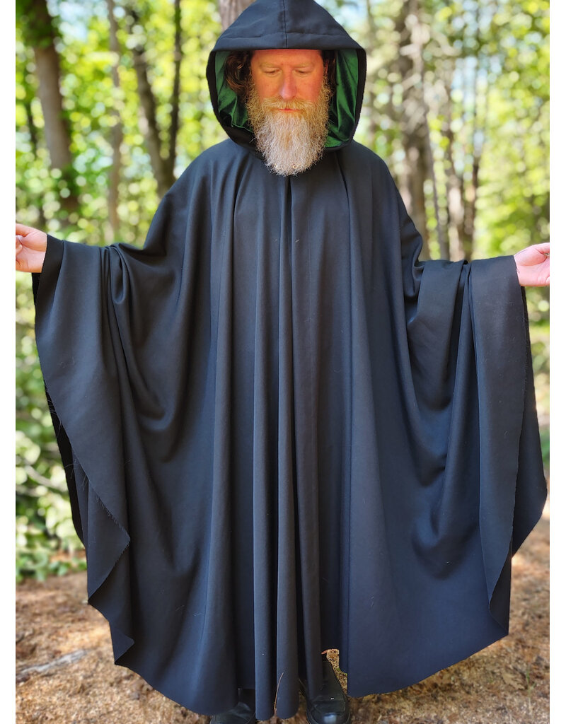 Cloakmakers.com 6060-Washable Black Woven Wool Cloak w/ Emerald Green Velvet Hood Lining & Silver Tone Clasp