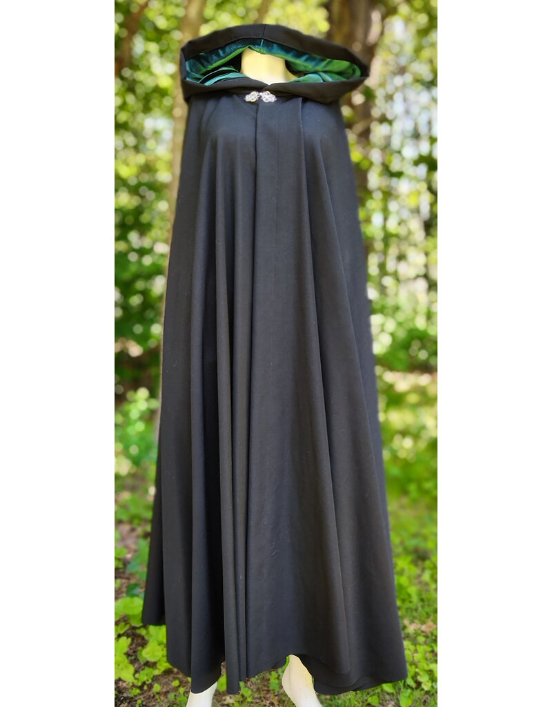 Cloakmakers.com 6060-Washable Black Woven Wool Cloak w/ Emerald Green Velvet Hood Lining & Silver Tone Clasp