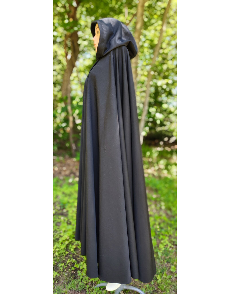 Cloakmakers.com 6060-Washable Black Woven Wool Cloak w/ Emerald Green Velvet Hood Lining & Silver Tone Clasp