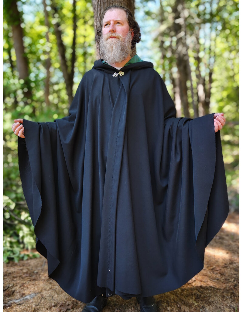 Cloakmakers.com 6060-Washable Black Woven Wool Cloak w/ Emerald Green Velvet Hood Lining & Silver Tone Clasp