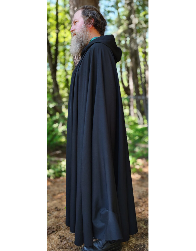 Cloakmakers.com 6060-Washable Black Woven Wool Cloak w/ Emerald Green Velvet Hood Lining & Silver Tone Clasp