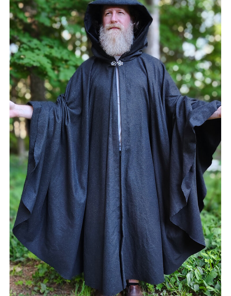 Cloakmakers.com 6062-Washable Charcoal Wool Blend Cloak w/ Black Velvet Hood Lining & Silver Tone Clasp
