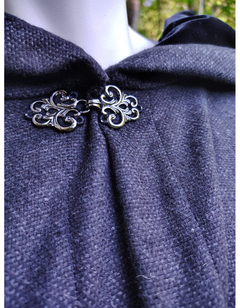 Cloakmakers.com 6062-Washable Charcoal Wool Blend Cloak w/ Black Velvet Hood Lining & Silver Tone Clasp