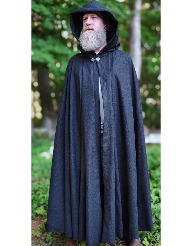 Cloakmakers.com 6062-Washable Charcoal Wool Blend Cloak w/ Black Velvet Hood Lining & Silver Tone Clasp