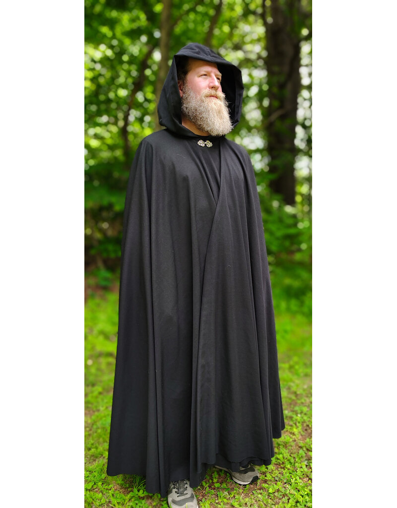 Cloakmakers.com 6063-Washable Black Woven Wool Blend Cloak w/ Black Velvet Hood Lining & Silver Tone Clasp