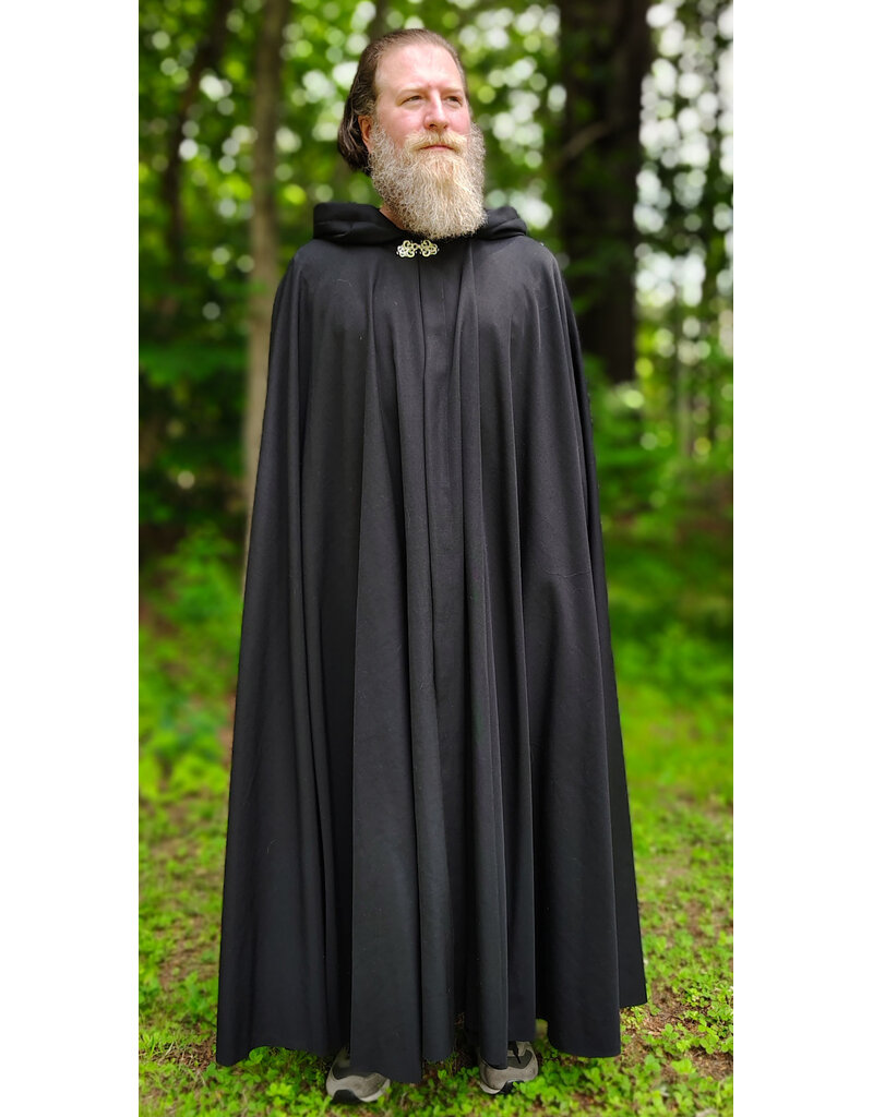 Cloakmakers.com 6063-Washable Black Woven Wool Blend Cloak w/ Black Velvet Hood Lining & Silver Tone Clasp