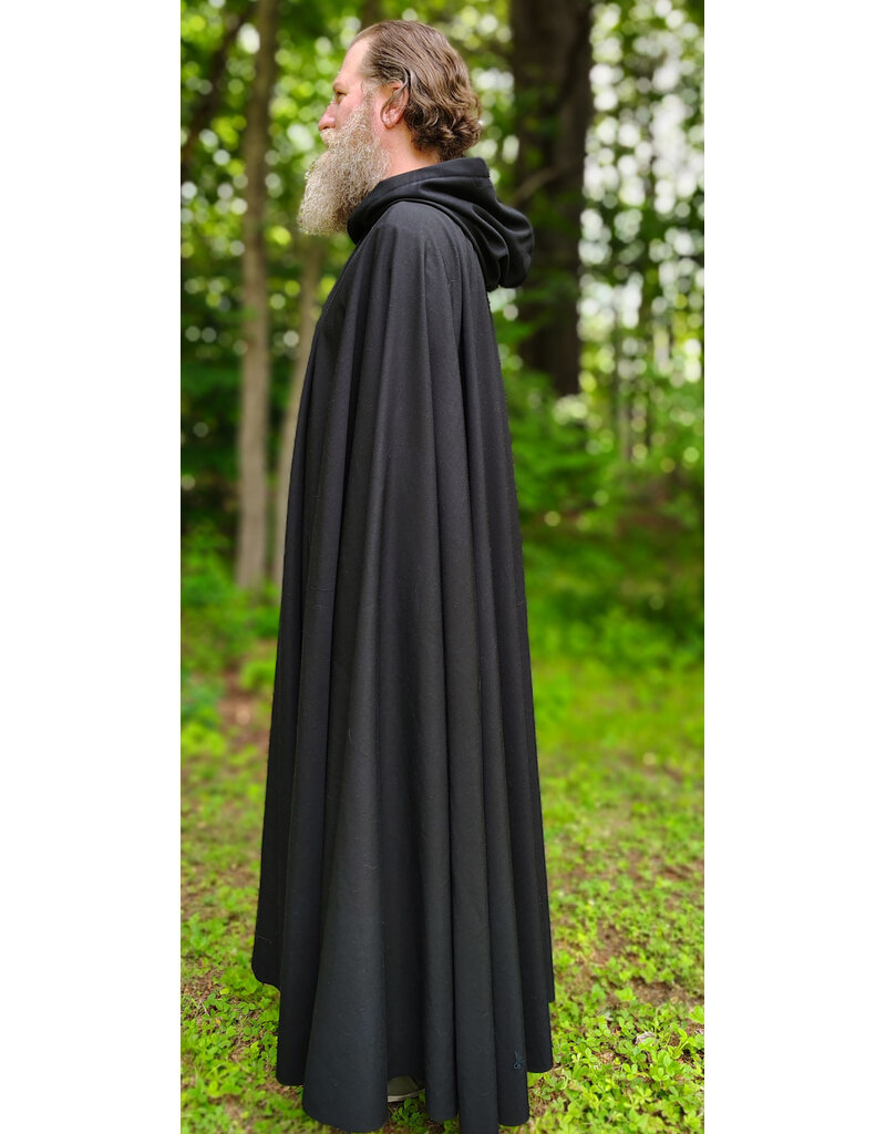Cloakmakers.com 6063-Washable Black Woven Wool Blend Cloak w/ Black Velvet Hood Lining & Silver Tone Clasp