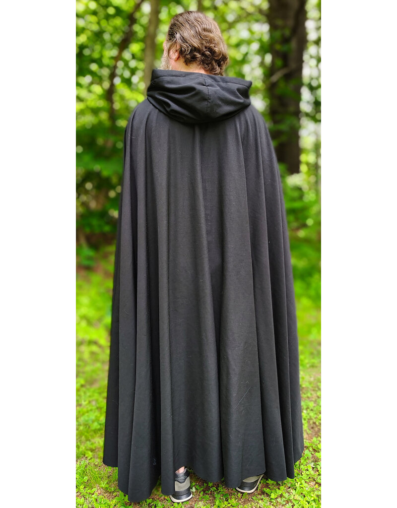 Cloakmakers.com 6063-Washable Black Woven Wool Blend Cloak w/ Black Velvet Hood Lining & Silver Tone Clasp