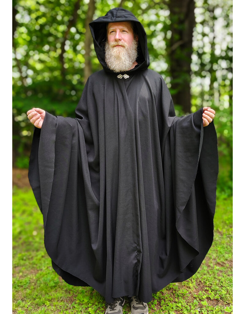 Cloakmakers.com 6063-Washable Black Woven Wool Blend Cloak w/ Black Velvet Hood Lining & Silver Tone Clasp