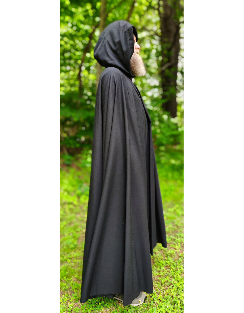 Cloakmakers.com 6063-Washable Black Woven Wool Blend Cloak w/ Black Velvet Hood Lining & Silver Tone Clasp