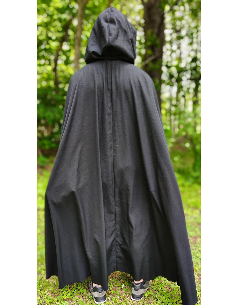 Cloakmakers.com 6063-Washable Black Woven Wool Blend Cloak w/ Black Velvet Hood Lining & Silver Tone Clasp