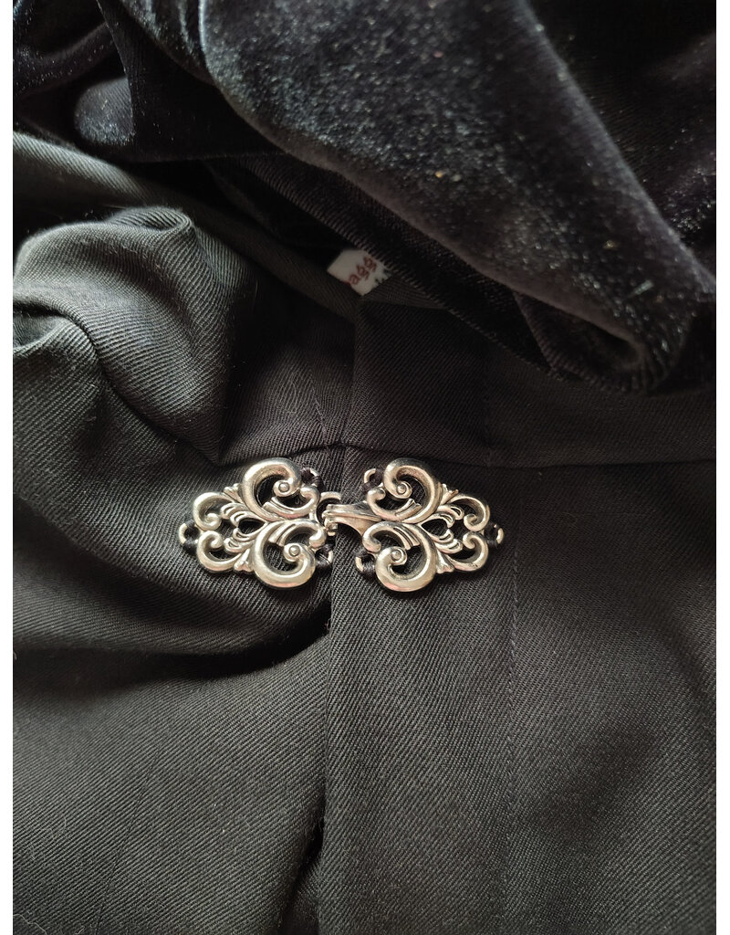 Cloakmakers.com 6063-Washable Black Woven Wool Blend Cloak w/ Black Velvet Hood Lining & Silver Tone Clasp