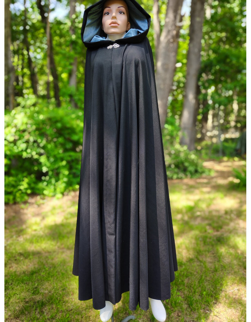 Cloakmakers.com 6064-Washable Black Woven Wool Blend Cloak w/ Sky Blue Velvet Hood Lining & Silver Tone Clasp