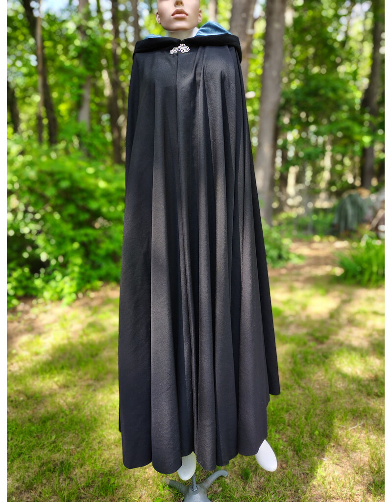 Cloakmakers.com 6064-Washable Black Woven Wool Blend Cloak w/ Sky Blue Velvet Hood Lining & Silver Tone Clasp