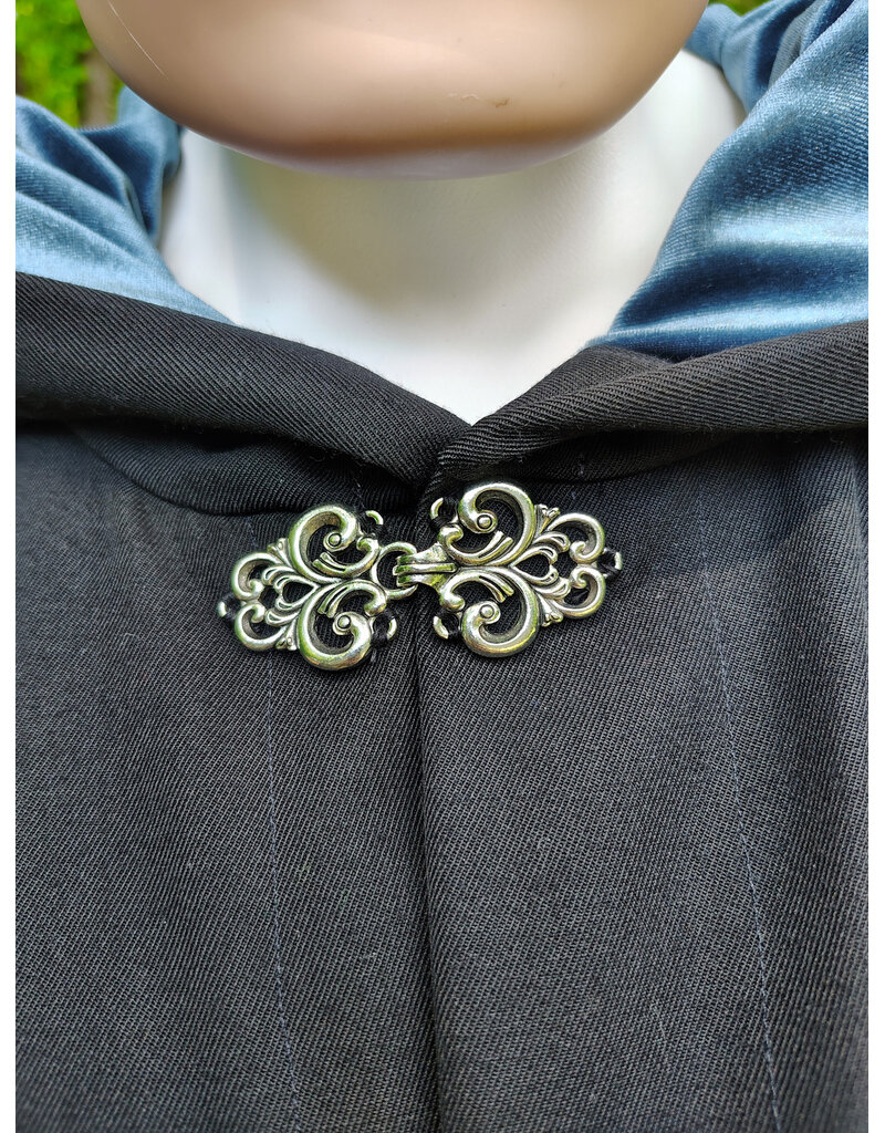 Cloakmakers.com 6064-Washable Black Woven Wool Blend Cloak w/ Sky Blue Velvet Hood Lining & Silver Tone Clasp