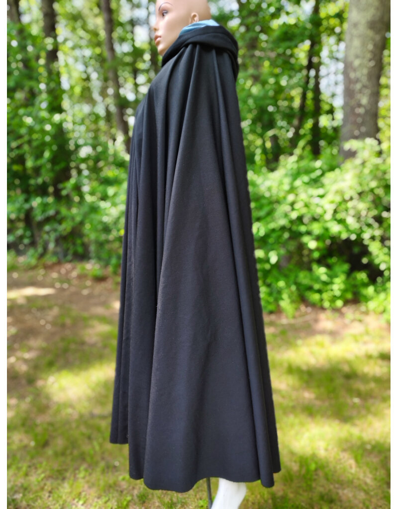 Cloakmakers.com 6064-Washable Black Woven Wool Blend Cloak w/ Sky Blue Velvet Hood Lining & Silver Tone Clasp