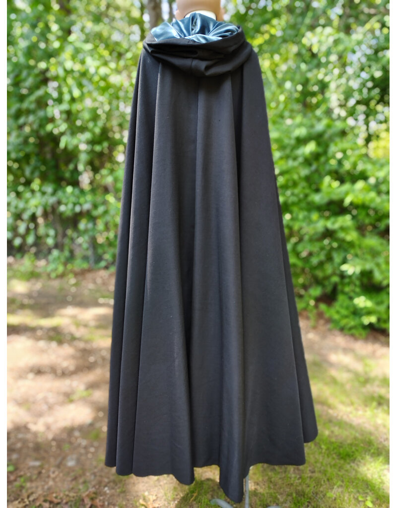 Cloakmakers.com 6064-Washable Black Woven Wool Blend Cloak w/ Sky Blue Velvet Hood Lining & Silver Tone Clasp