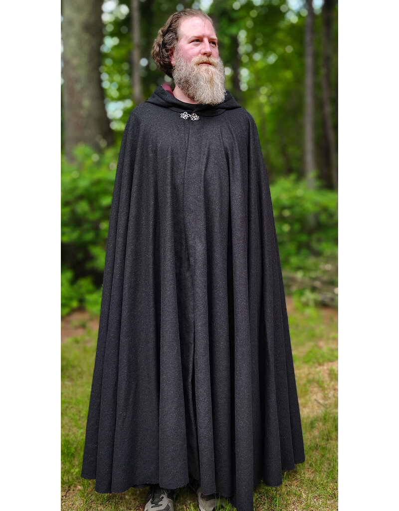 Cloakmakers.com 6065-Washable Charcoal Black Wool Blend Cloak w/ Red Wine Merlot Velvet Hood Lining & Silver Tone Clasp