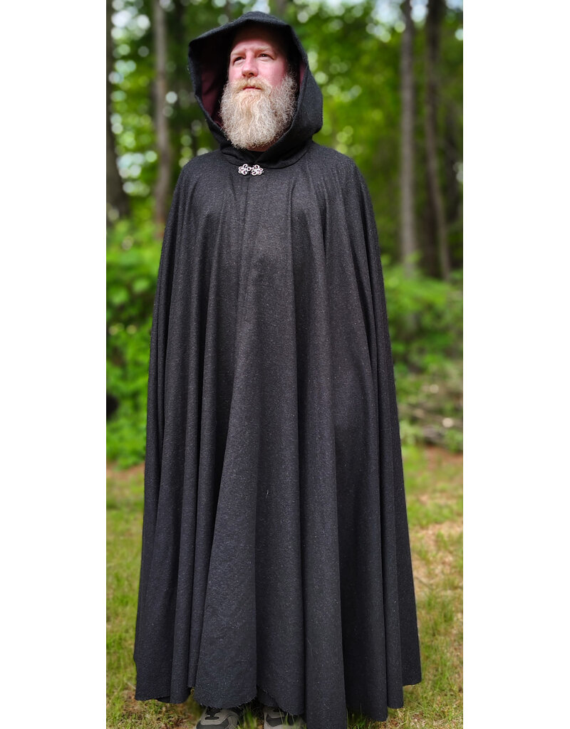 Cloakmakers.com 6065-Washable Charcoal Black Wool Blend Cloak w/ Red Wine Merlot Velvet Hood Lining & Silver Tone Clasp